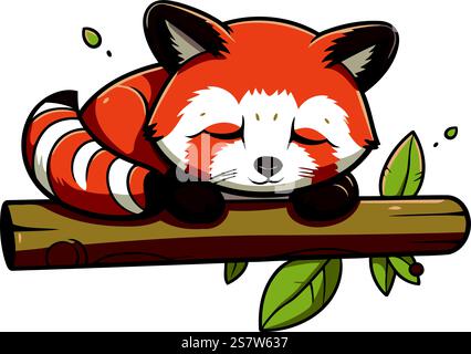 Cute red panda sleeping on a branch. vector illustration. Stock Vector