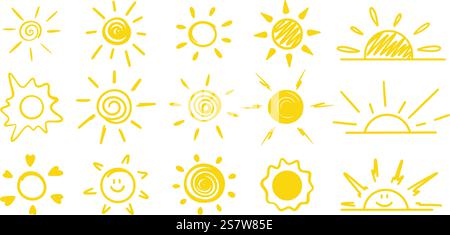 Sun doodle style set for summer design. Sun sunrise, sunset, sun rays and sun light yellow line collection. Variations of hand drawn sun icons. Vector Stock Vector