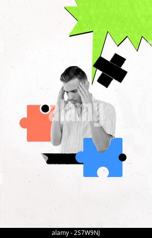 Poster image vertical photo collage of serious man think dilemma puzzle match business connection plan brainstorm development Stock Photo