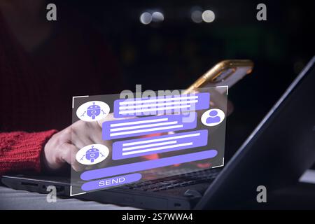 AI Artificial Intelligence, Digital chatbot, Man chatting with digital assistant chatbot on mobile phone on internet application, Future of customer s Stock Photo