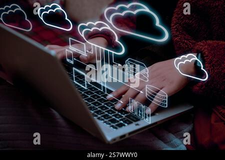 Cloud computing technology concept. Businessman shows cloud storage network technology icon, large network of backup platforms, online data storage fo Stock Photo