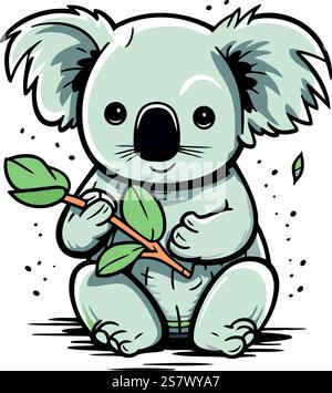 Cute koala holding eucalyptus branch. Funny koala cartoon character ...