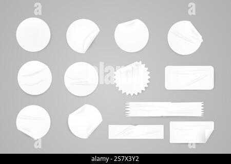 Vector realistic illustration of white round and rectangular stickers , set Stock Vector