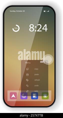 A vector illustration of a smartphone home screen displaying a modern gradient background, digital clock, battery status, and a menu pop up with optio Stock Vector