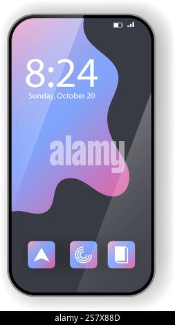 A sleek and modern smartphone home screen mockup featuring a stylish gradient background in blue and pink tones, with minimalist app icons Stock Vector