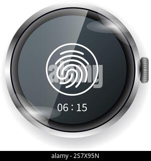 A vector illustration of a smartwatch user interface featuring a fingerprint scanner icon for secure access and a digital time display showing Stock Vector