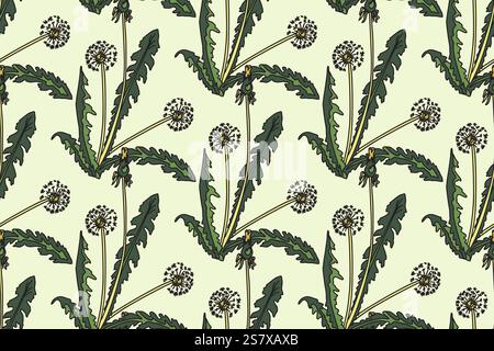 Botanical abstract seamless pattern background with dandelion flowers vector illustration. Repeating floral print in beige retro pastel colors.Graphic Stock Vector