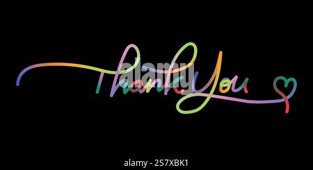 Thank you text design with colorful line. Thank you poster with spectrum brush strokes on black background. Stock Vector
