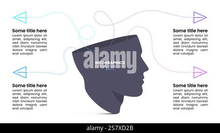 Infographic template with 4 options or steps. Paper planes as ideas in head. Can be used for workflow layout, diagram, banner, webdesign. Vector illus Stock Vector