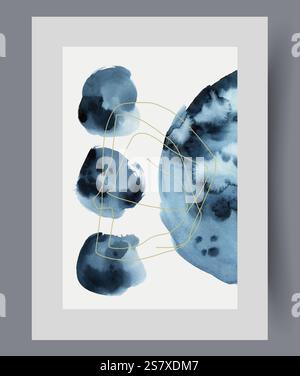 Abstract poster with watercolor spots in shape of circles of different sizes, connected by thin line Stock Vector