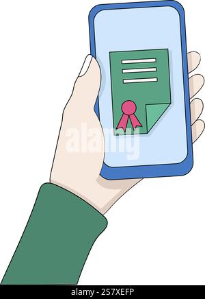This vector illustration depicts a hand holding a smartphone showing a digital certificate with an official ribbon icon, symbolizing online certificat Stock Vector