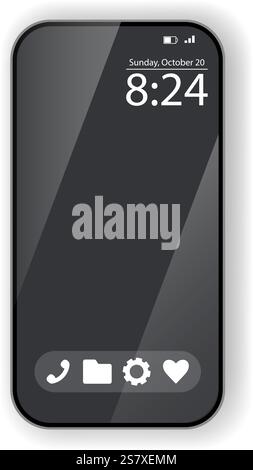 A sleek and minimalist smartphone home screen mockup featuring a dark theme background with basic icons in white for a clean, professional look Stock Vector