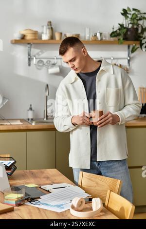 Working diligently, the young man sips coffee while engaging with his laptop at home. Stock Photo