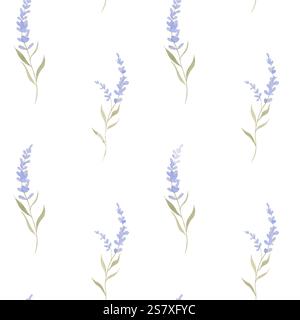 Simple watercolor pattern with lavender sprigs on a white background. Stylized hand drawn flowers for application on fabric or gift wrap. Stock Photo