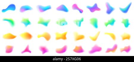 Blurred gradient shape. Gradient mesh colorful liquid blobs, 3D fluid blur spot and dynamic color glow. Abstract blob shapes with smooth blended color Stock Vector