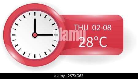 A vector illustration of a modern clock and weather widget user interface featuring a bright red design Stock Vector