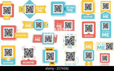 Colorful QR code labels. Scan me frames, smartphone code templates, mobile payment or app promotional stickers various shapes isolated vector set. Stock Vector