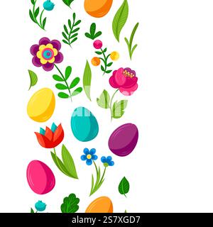 Happy Easter pattern. Cute bunnies, eggs and flowers for celebration. Stock Vector