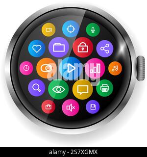This vector illustration features a vibrant smartwatch interface showcasing a library of applications Stock Vector