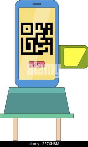 This vector illustration shows a smartphone screen displaying a QR code with a prominent scan button, positioned on a small stand Stock Vector