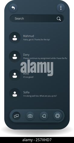 A modern social media chat template featuring a user friendly interface with a search bar, user conversations, and interactive buttons Stock Vector