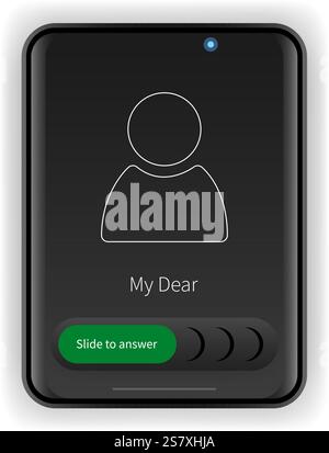 his vector illustration displays a smartphone user interface in dark mode with an incoming call alert from a contact name Stock Vector