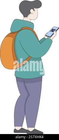 This vector illustration shows a young man wearing a backpack and holding a smartphone, scanning a QR code, likely for a digital transaction or mobile Stock Vector