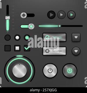 A vector illustration of a modern web UI toolkit with interactive elements, including sliders, buttons, toggle switches, settings icons, and power con Stock Vector