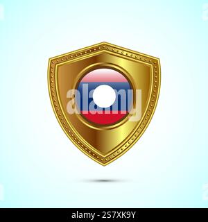 Rounded flag of Laos with glossy gold shield Stock Vector
