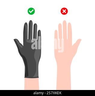 Hangs Right and wrong without wearing gloves cartoon Black rubber cleaning protective Gloves Fashion hand accessory clothing technical illustration garment. Vector for Men, women flat template style Stock Vector