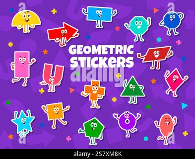 Math shape characters stickers pack. Cartoon geometric figures. Semi circle, arrow, rectangle, circle and octagon, parallelogram, u shape, cross and s Stock Vector