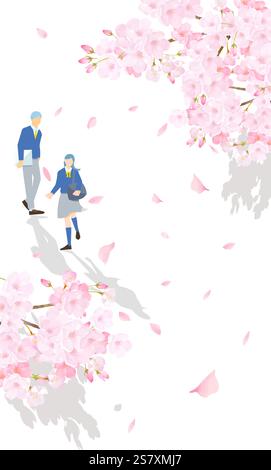 Cherry blossoms tree and student walking on white background vector illustration of a man and a woman graduating and entering school vector illustrati Stock Vector