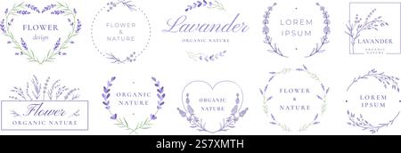 Hand drawn lavender emblems. Elegant floral badge templates with lavender sprigs, flower wreaths and heart shaped frames. Provence flowers labels vect Stock Vector