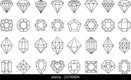 Linear diamond icons. Crystal gems, luxury gemstones and jewels diamonds outline. Brilliant gem, faceted precious stones minimal geometric style shape Stock Vector
