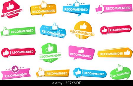 Recommended label. Recommendation badges with thumbs up icons, promotion marketing advertising stickers and advice banners. Recommended product tag ve Stock Vector