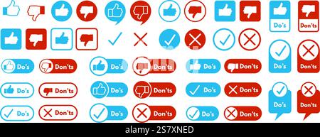 Do's and Don'ts symbols. Thumbs up and thumbs down icons, checkmarks and crosses for approval and disapproval with speech bubbles and label frames vec Stock Vector