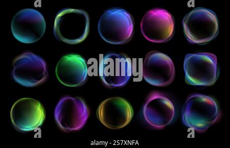 Abstract glowing gradient spheres. Colorful bubbles, digital circular shapes with flowing gradients and glow effects. Creative round fluid form backgr Stock Vector