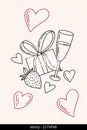 Hand drawn Valentines Day vector card illustration with hearts, tulips, champagne glasses, strawberries, and gift boxes. Black and red colors. Sketch Stock Vector