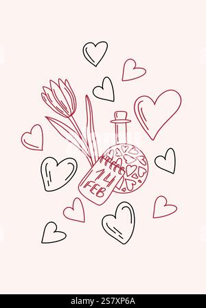 Hand drawn Valentines Day vector card illustration with tulips, hearts, champagne glasses, gift boxes, and romantic elements. Black and red. Sketch st Stock Vector