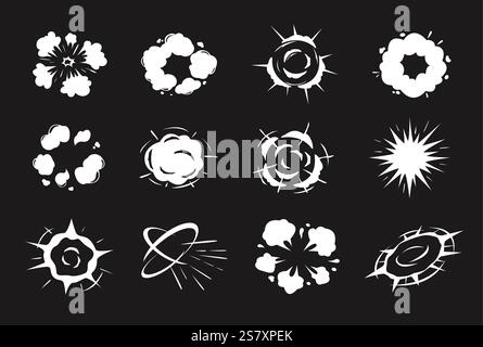 Puff cartoon effect shapes. Radial explosion, dynamic smoke bursts, swirling energy rings and explosive abstract silhouettes. Action scene blast impac Stock Vector