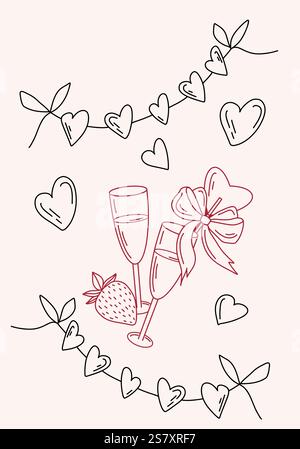 Hand drawn Valentines Day vector card illustration with hearts, tulips, champagne glasses, strawberries, and gift boxes. Black and red colors. Sketch Stock Vector