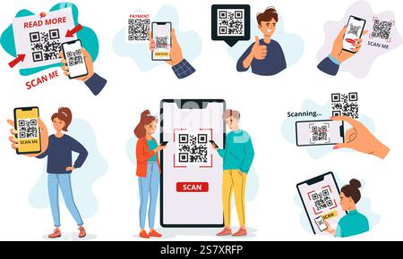QR code frames with people. Cartoon characters using smartphones to scan qr codes, mobile scanning process and scan me templates with phone in hand. V Stock Vector