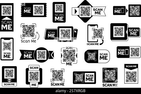 Scan qr code frames. Scan me stickers for mobile app or instant payment, smartphone scanning banners for marketing, social media promotions and inform Stock Vector