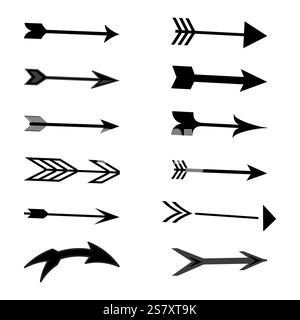Arrow vector set. Bold black arrows. Modern arrow icons. Diverse isolated shapes. Stock Vector