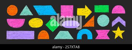 Color pencil texture figure set. Hand drawn sketch doodle crayon texture brush kid geometric shape circle, triangle, square pastel background. Childish crayon pencil figure vector illustration Stock Vector