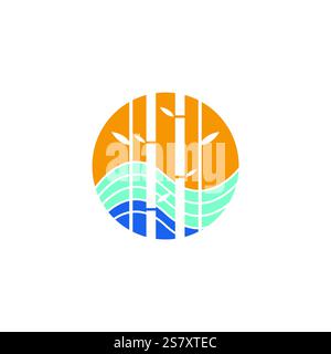 Logo featuring a circular pattern with bamboo stalks, calming ocean waves, and a radiant sun, conveying themes of peace, natural beauty, and tranquili Stock Vector
