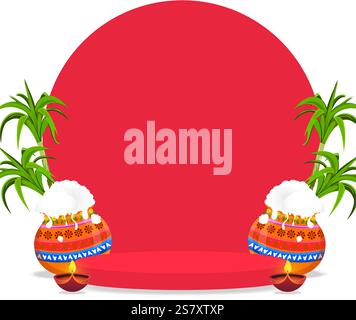 Bright vector illustration the Pongal festival, showcasing vibrant pots, sugarcane, and traditional oil lamps on a bold red background. Perfect for gr Stock Vector
