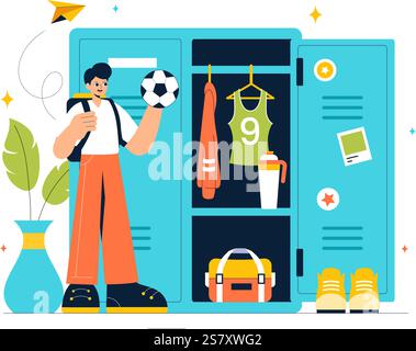 School Locker Room Vector Illustration Featuring Neatly Organized Student Storage with Books, School Supplies, Personal Items, and Accessories Stock Vector