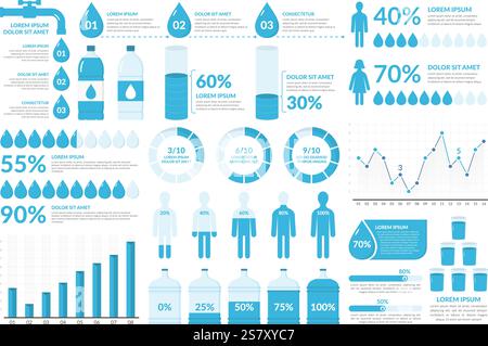 Water infographic elements - drops, bottles, people, graphs, percents, vector eps10 illustration Stock Vector