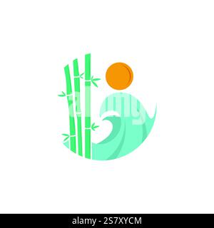 Artistic logo design composed of green bamboo, a flowing blue wave, and an orange sun. It conveys a connection with nature, tranquility, and harmony t Stock Vector